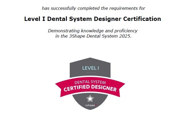 Certificate badge for Level I Dental System Designer Certification.
