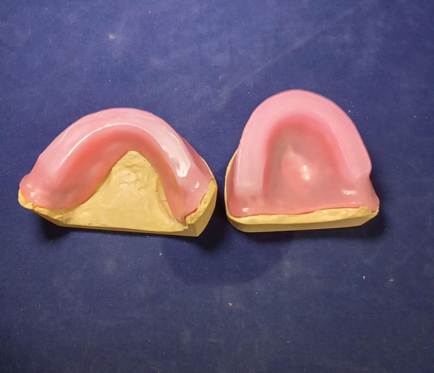 A pair of pink teeth on a blue surface