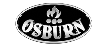A black and white logo for osburn with a flame on it.