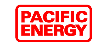The pacific energy logo is red and white on a white background.