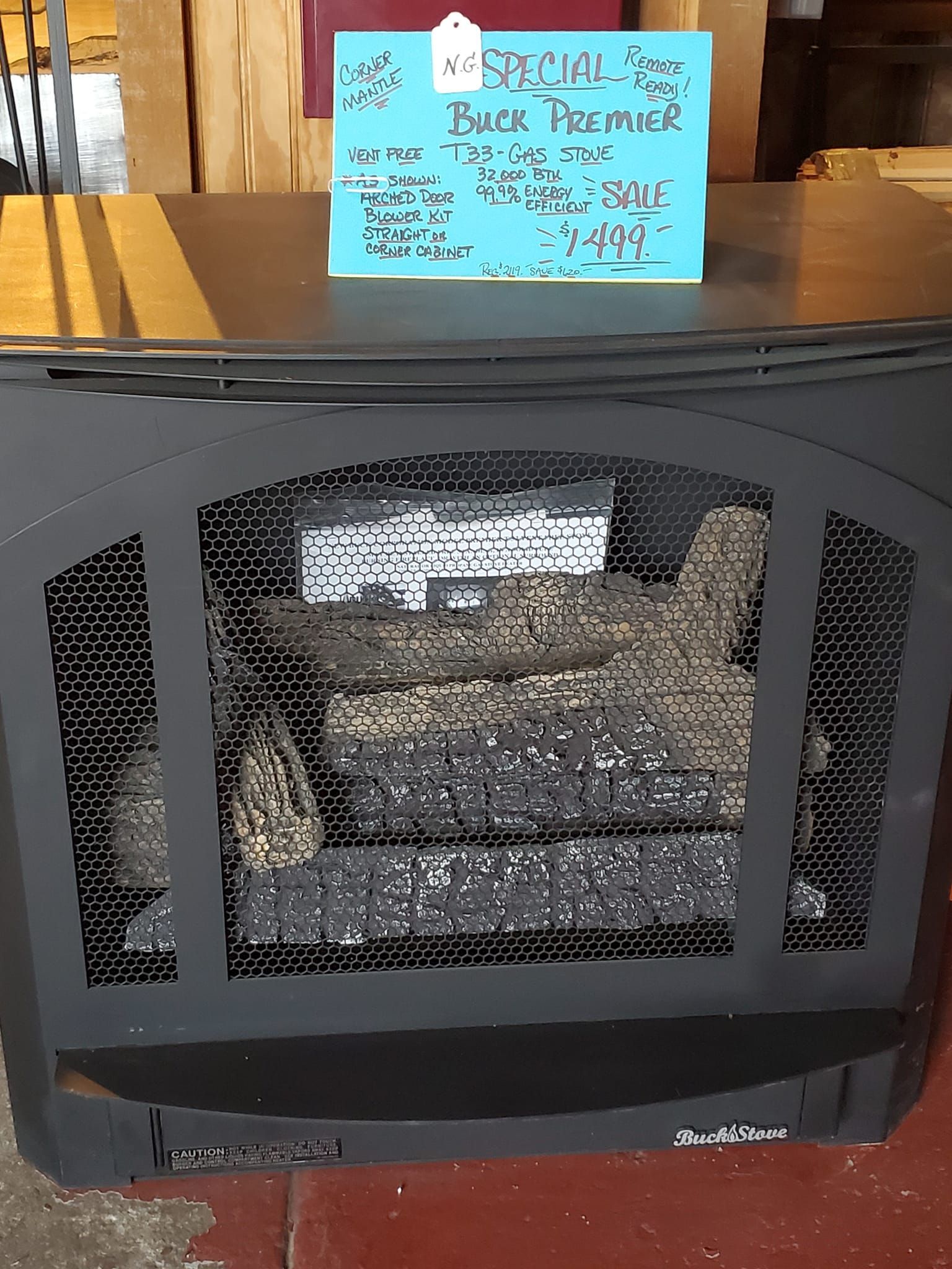 A fireplace with a blue sign that says special
