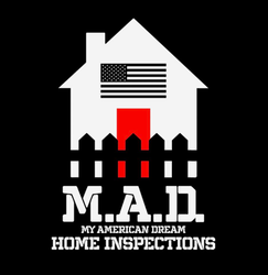 Logo for M.A.D. My American Dream Home Inspections with a house, American flag, and black fence on a black background