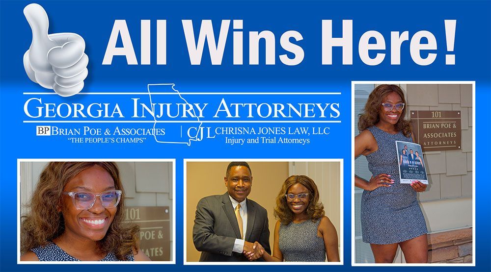 A collage of photos of a client and Brian D. Poe, Esq.