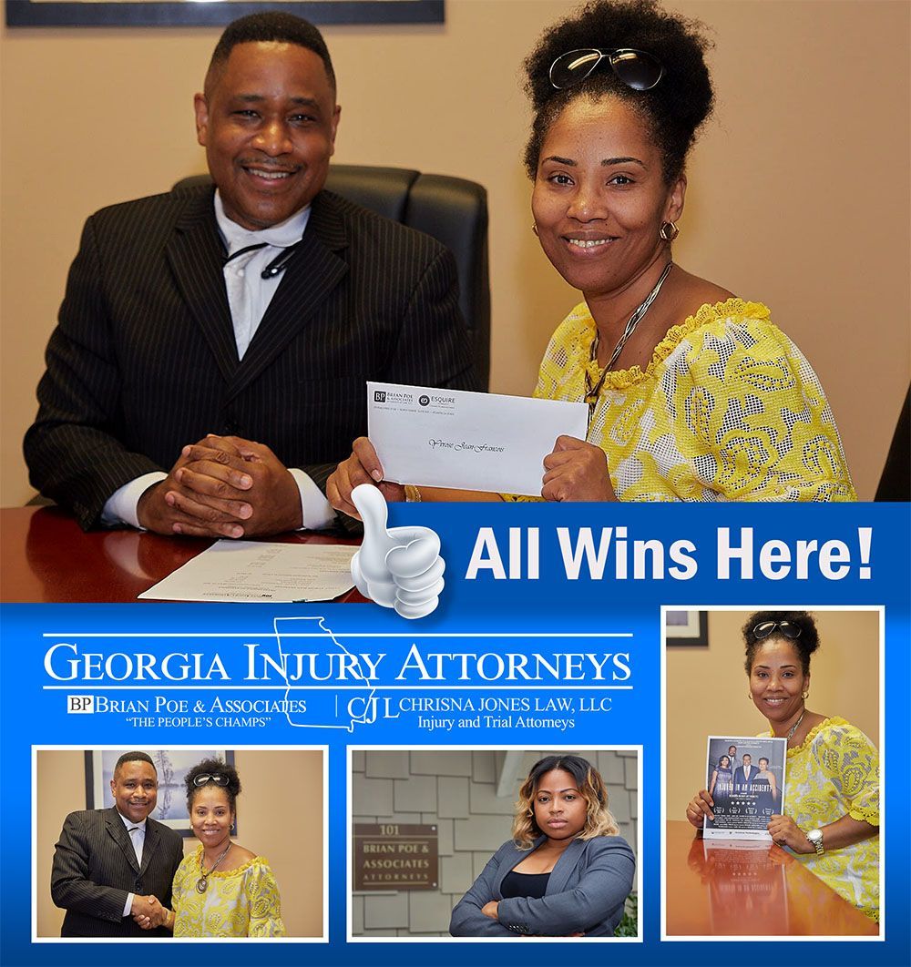 A collage of photos of Brian D. Poe, Esq. and a happy client