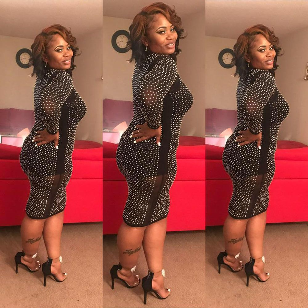 A collage photos of a woman in a black dress