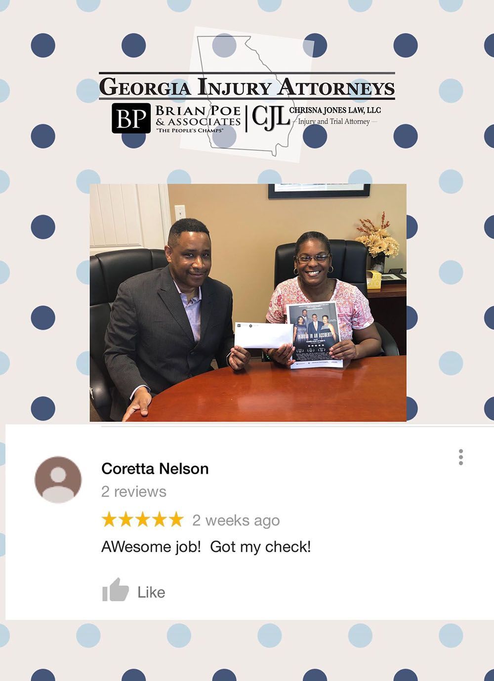 Brian D. Poe, Esq. and a cheerful woman are sitting at a table holding a check