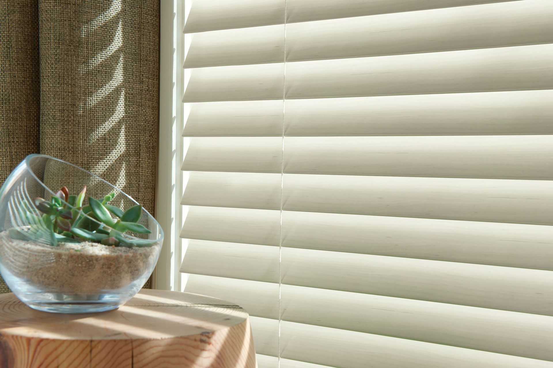 Close-up of beige blinds with sunlight, a decorative glass bowl with a small plant, and a wooden stand.
