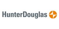Hunter Douglas logo: gray text and orange circle with four-pointed star design.