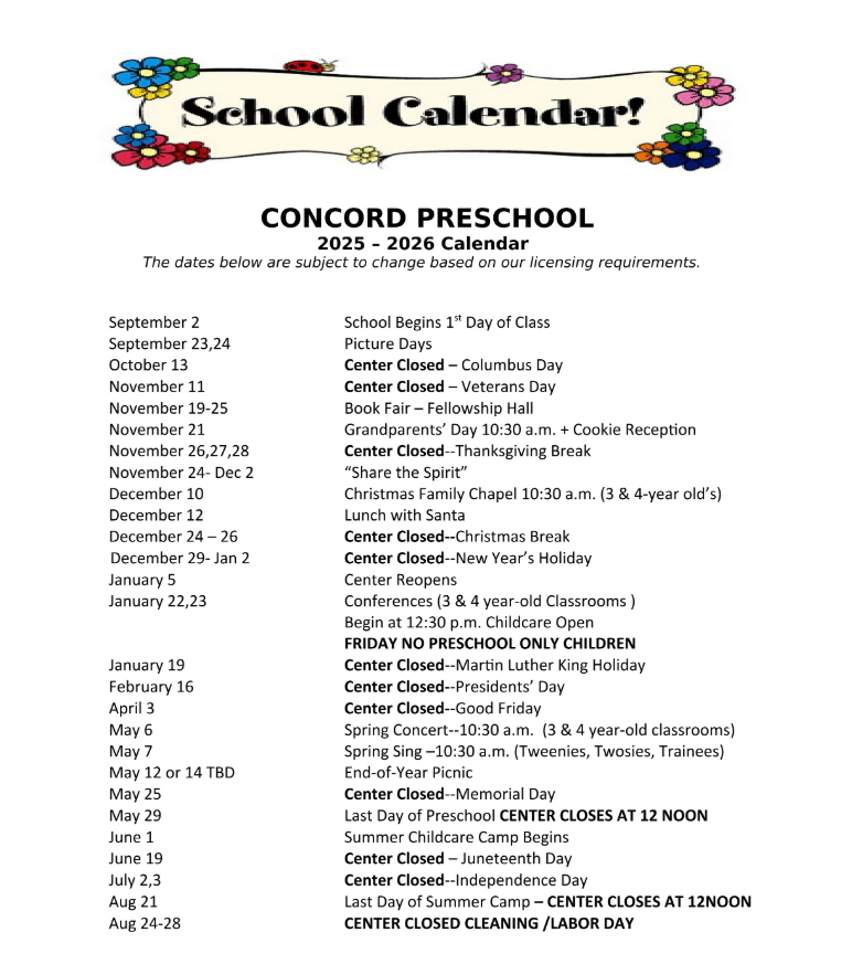 Concord Preschool 2025-2026 Calendar
