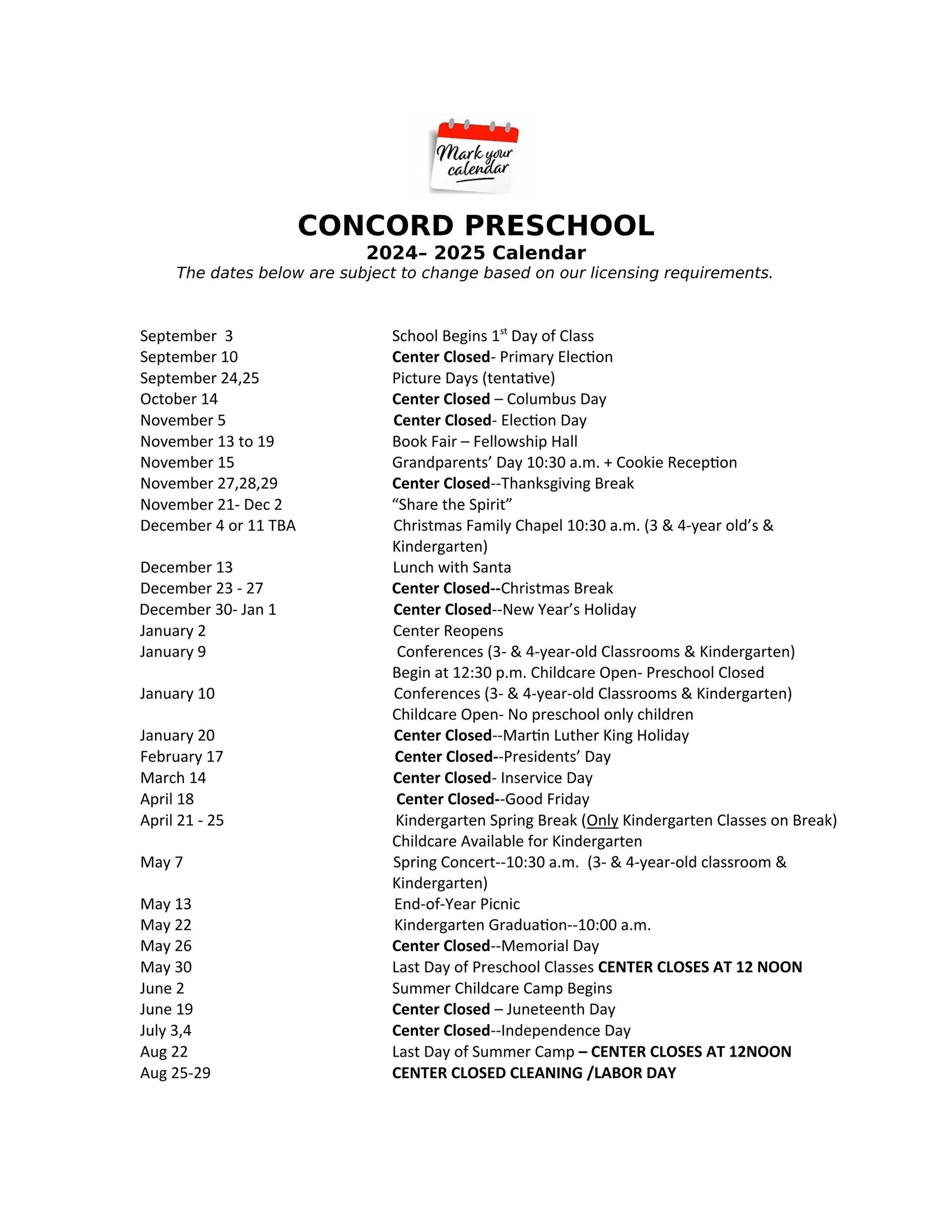 Concord Preschool 2024-2025 Calendar