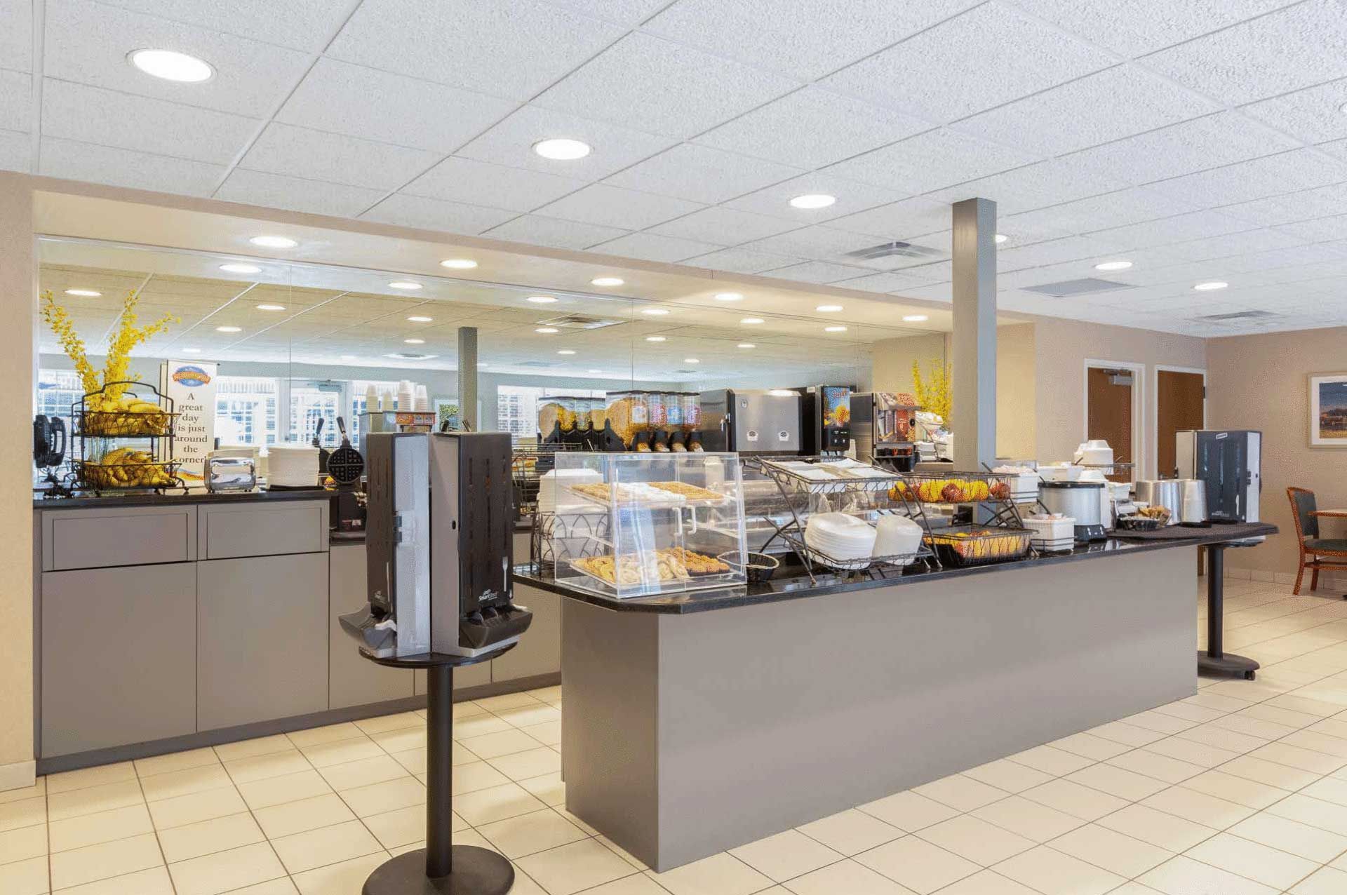 There is a large buffet in the middle of the room.