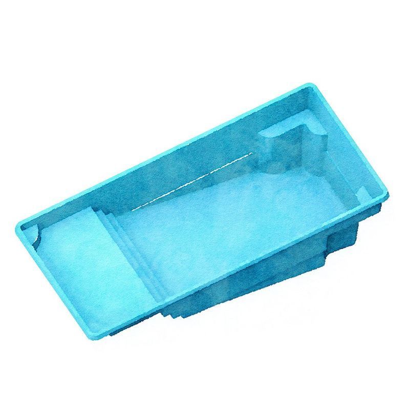 Blue rectangular in-ground swimming pool with steps and a bench, viewed from an angle against a white background.