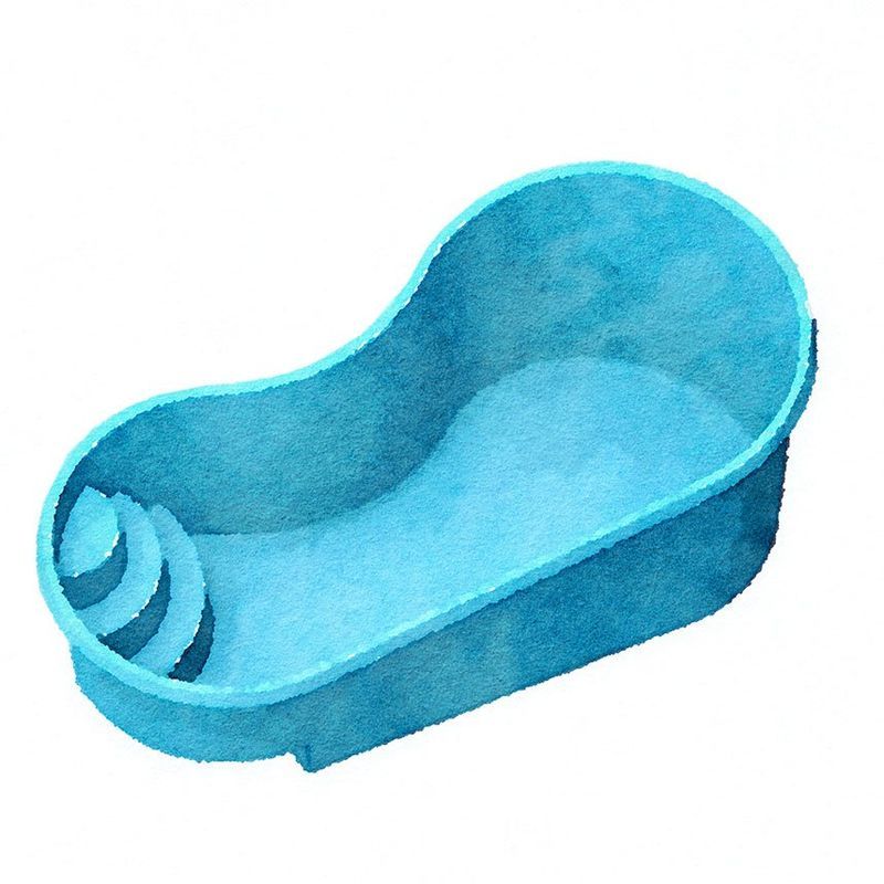 Blue, kidney-shaped swimming pool with steps.