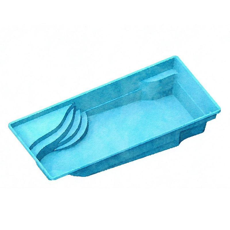 Blue rectangular swimming pool with built-in stairs, partially filled with water.