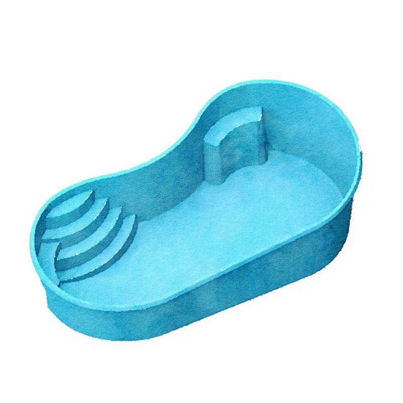 Blue, kidney-shaped inground pool with steps at one end and a raised platform on the side.