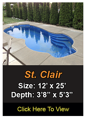 A swimming pool with steps, surrounded by concrete and trees. Text reads