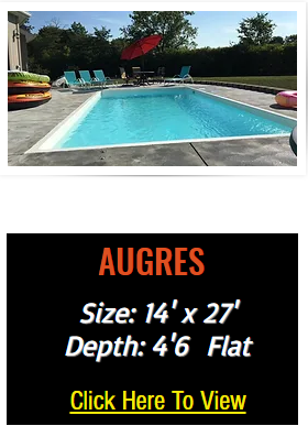 Rectangular swimming pool in backyard. Text: AUGRES, size 14'x27', depth 4'6