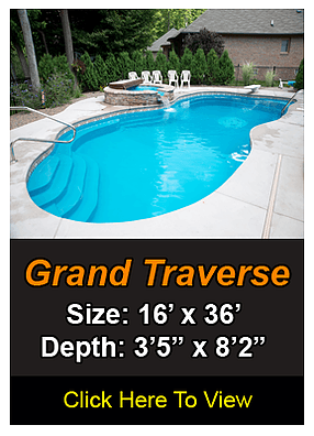 Swimming pool with steps, fountains, and patio. Text reads