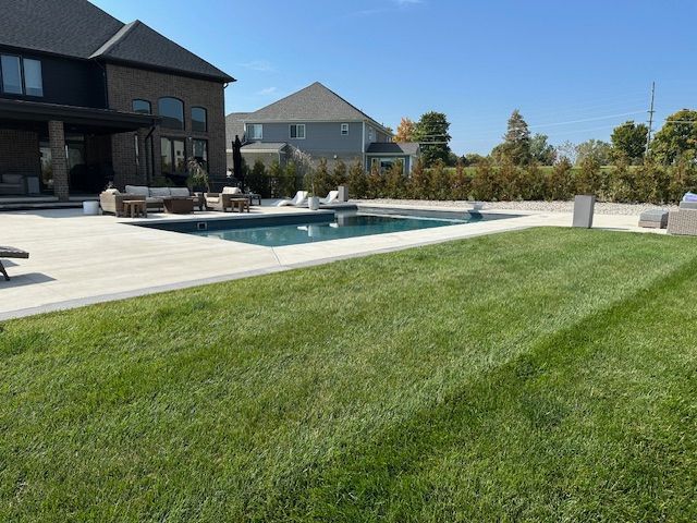 Backyard with a manicured lawn, modern house, patio, and swimming pool under a clear blue sky