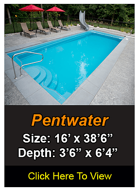Swimming pool with steps, slide, and lounge chairs; advertisement for