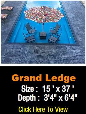Pool with umbrella and chairs on a ledge. Text reads