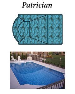 Top-down pool blueprint and photograph of a completed pool, called