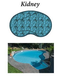 Diagram and photo of a kidney-shaped swimming pool, with a blue interior, surrounded by gray concrete and green lawn.