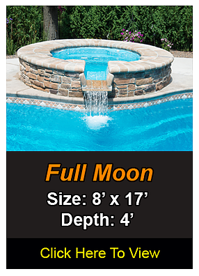 A circular hot tub with water cascading into a blue swimming pool. Text reads