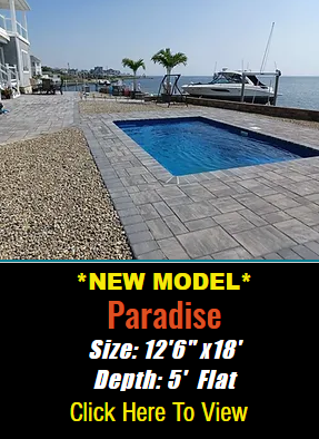 Small rectangular pool, pavers, waterfront setting. Text: