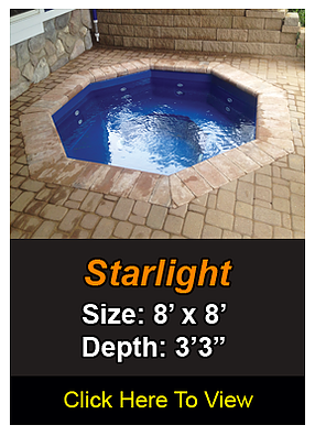 Octagonal blue hot tub with brick border, labeled