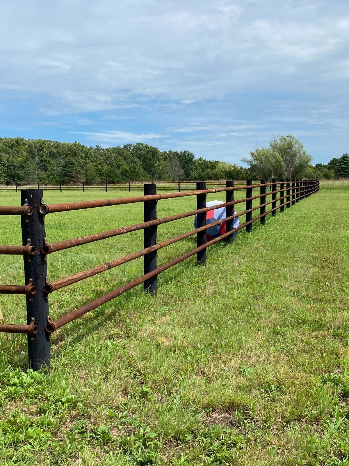 A long fence with black metal posts and rusty horizontal bars stretches across a green grassy field under a cloudy sky.