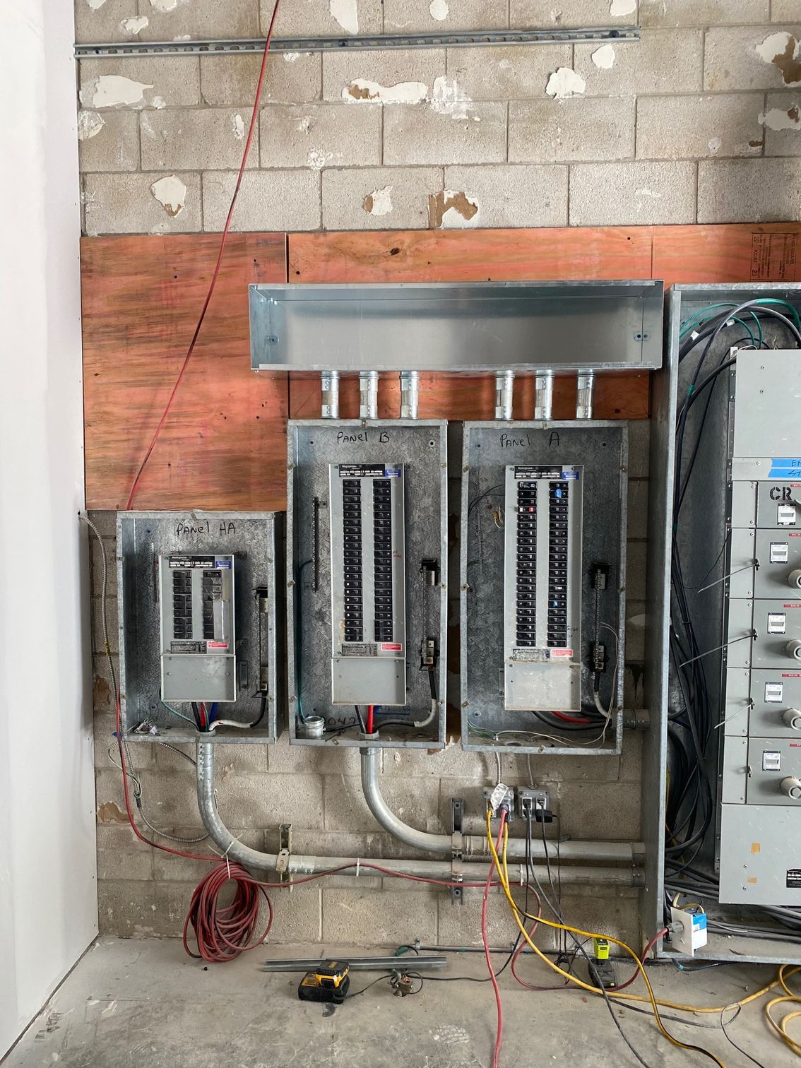 a room with a bunch of electrical boxes on the wall