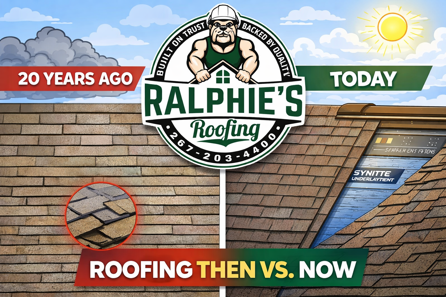 Ralphie’s Roofing comparison showing old 3-tab shingles from 20 years ago versus today