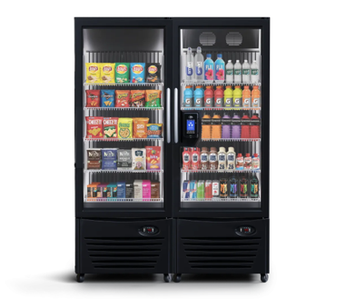 Two black refrigerated vending display cases stocked with drinks and snacks on a white background