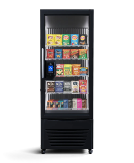 Black glass-front snack vending machine stocked with chips, candy, and drinks