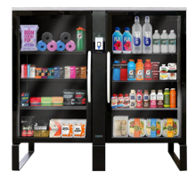 Black display cooler stocked with beverages and snacks on two open shelves