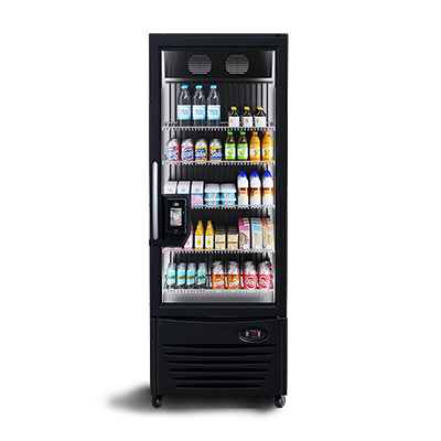 Black refrigerated display case stocked with assorted bottled and canned drinks on shelves