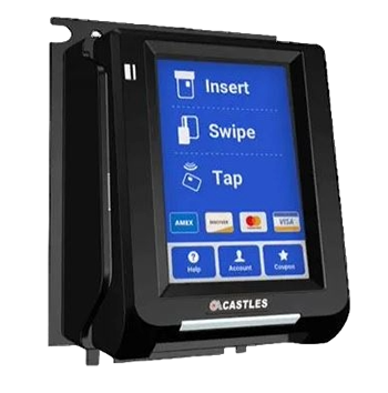 A black device with a blue screen that says insert swipe tap