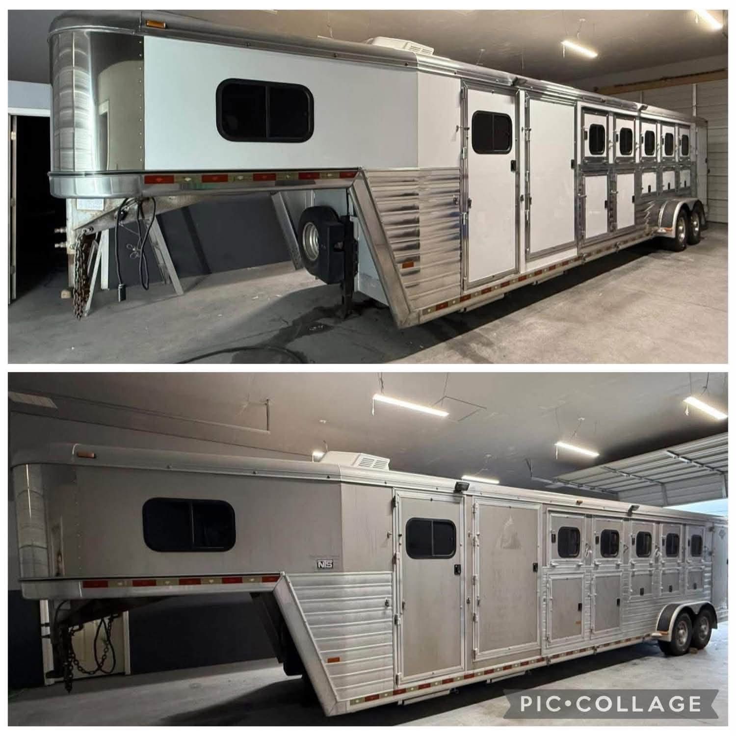 Two photos of a silver horse trailer parked indoors, shown from the side with windowed stalls and rear ramp access.