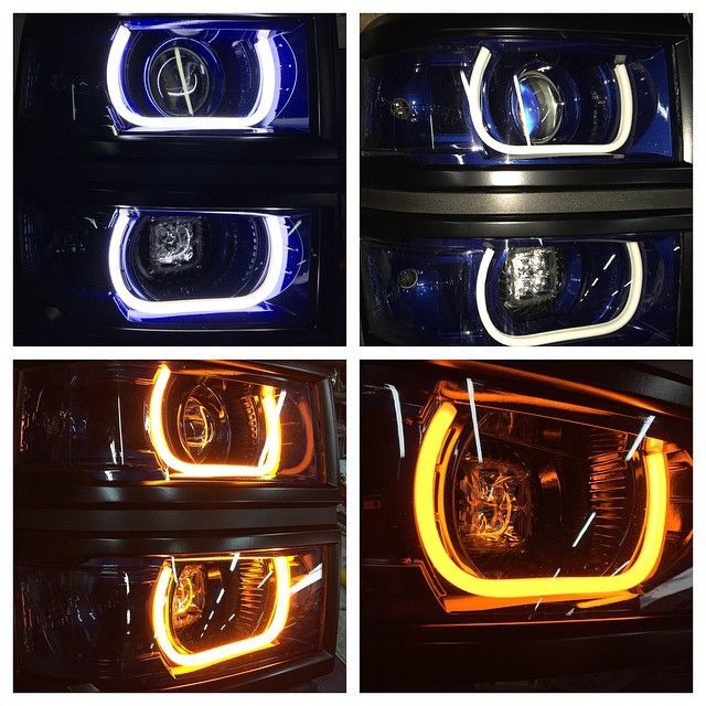 A collage of four pictures of a car 's headlights