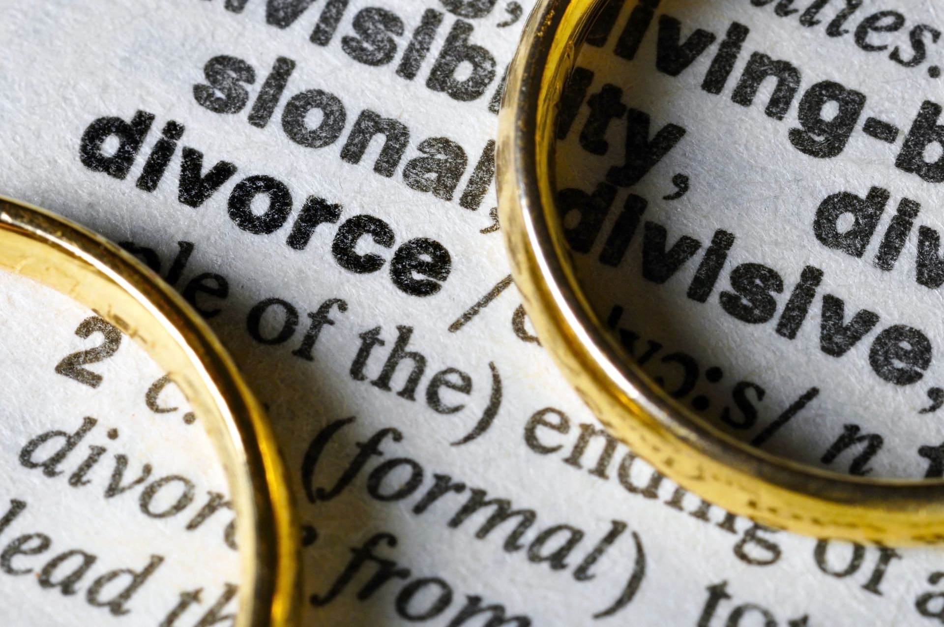 Two wedding rings on a dictionary next to the word 'divorce.'