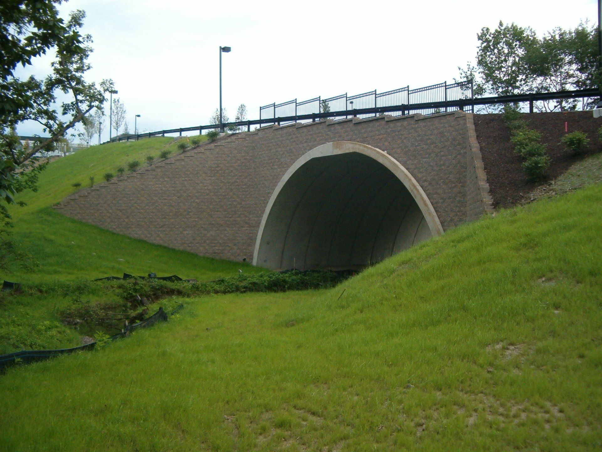A bridge over a grassy hill with a tunnel underneath it