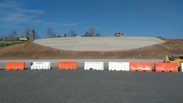 A row of orange and white barriers on the side of a road