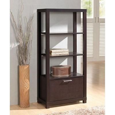 A bookshelf with a drawer and shelves in a living room