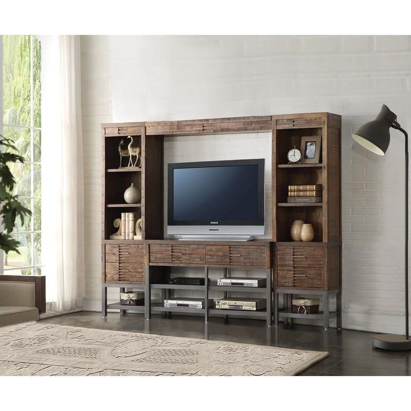 A living room with a tv on a wooden entertainment center