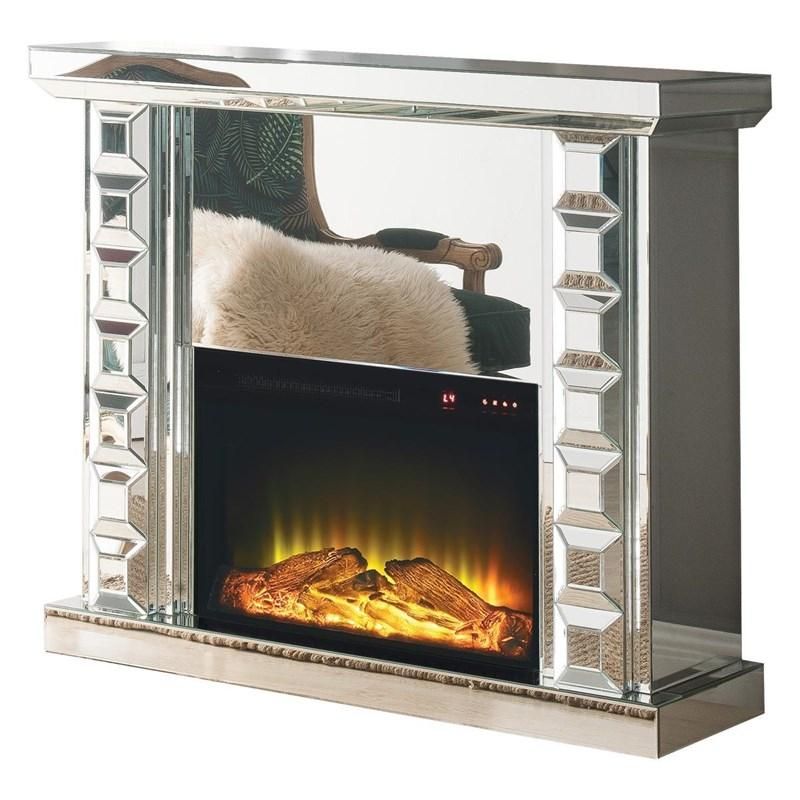 A mirrored fireplace with a chair in the background
