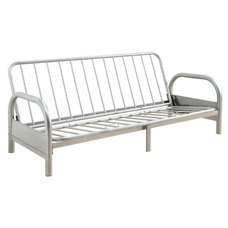 A silver metal futon frame on a white background.