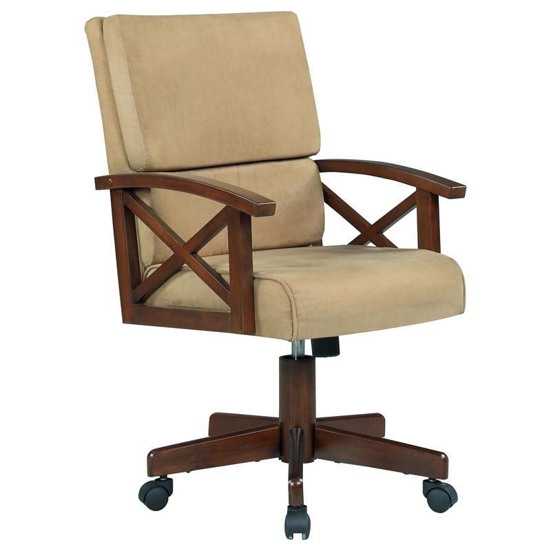 A tan office chair with wooden arm rests and wheels