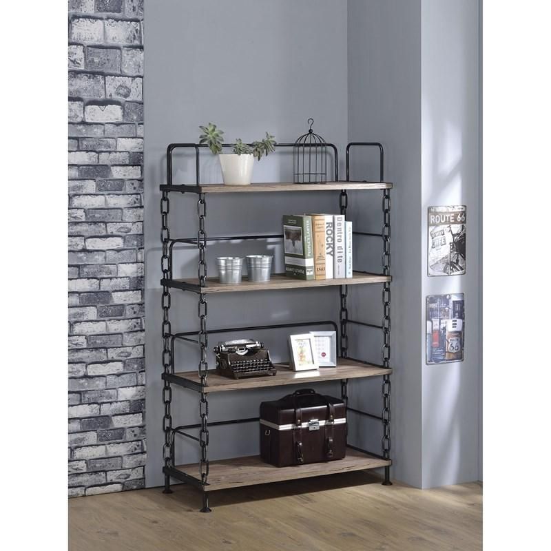 A bookshelf is sitting in a corner of a room next to a brick wall.