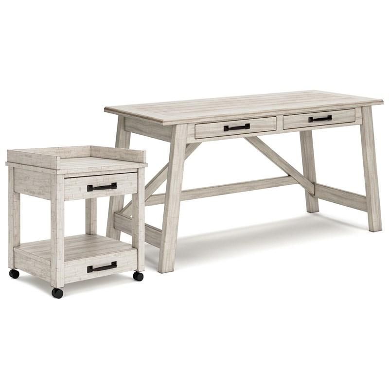A white wooden desk with two drawers and a nightstand.